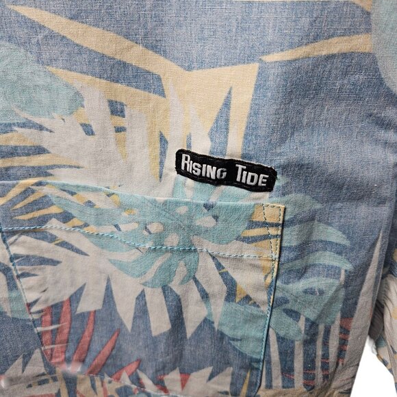Mens Large Rising Tide Aloha Camp Shirt Blue Tropical Print Cotton Spandex Blend - Picture 3 of 8